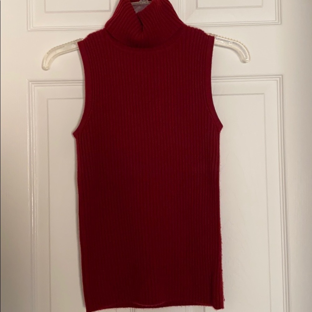 Red Sleeveless Cashmere Turtleneck Top